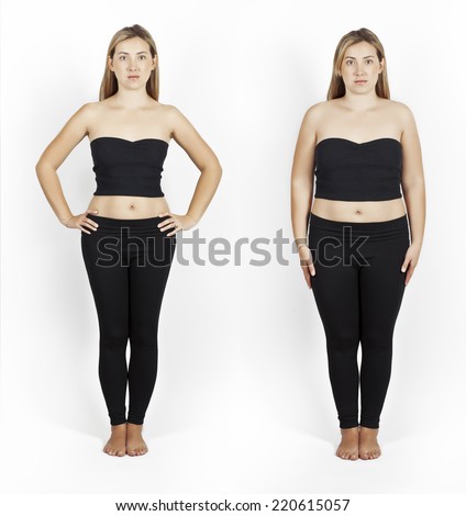 Young Skinny Woman Cuts Her Belly By Scissors. Weight Loss Concept