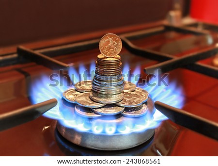 Gas burner with a blue flame and Russian coins