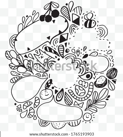 Funny doodles frame with bee, nuts, berry, leaves and cute pet cat.