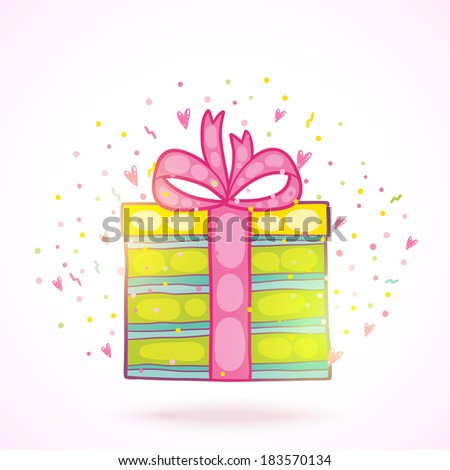 Happy Birthday present gift box with confetti. Vector holiday background.