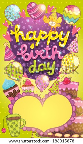 Happy Birthday card background with cake, balloons and cupcakes. Vector holiday party template