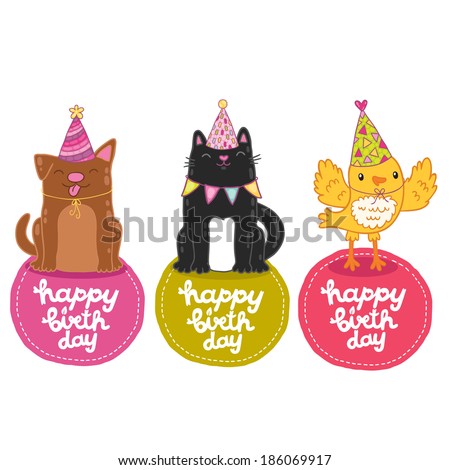 Happy Birthday labels with cat, dog and bird. Vector holiday party template