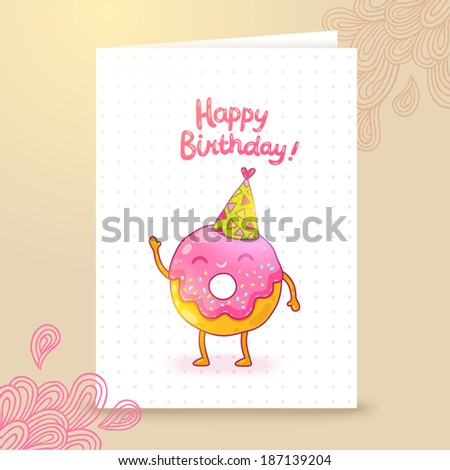 Happy Birthday card background with cute donut. Vector holiday party template