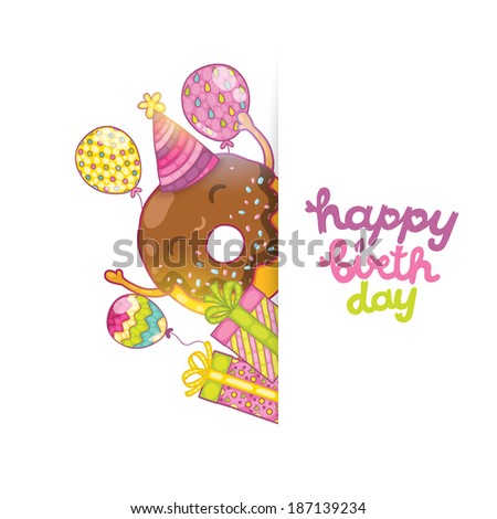 Happy Birthday card background with cute donut. Vector holiday party template