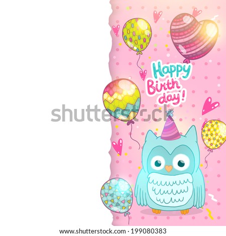 Happy Birthday card background with cute cartoon owl. Vector holiday party template. Greeting postcard image.