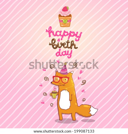 Happy Birthday card background with cute cartoon hipster fox. Vector holiday party template. Greeting postcard image.