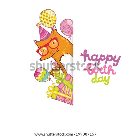 Happy Birthday card background with cute cartoon hipster fox. Vector holiday party template. Greeting postcard image.