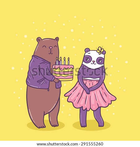 Cute brown bear holding birthday cake and panda girl. Funny holiday illustration. Vector animal image