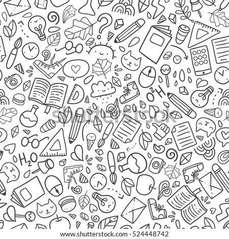 Funny seamless pattern with school supplies and creative elements. Back to school background.