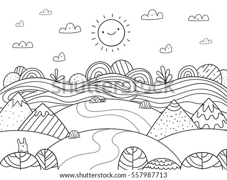 Cute cartoon meadow with mountain, bunny and river. Kids coloring page. Stock foto © 