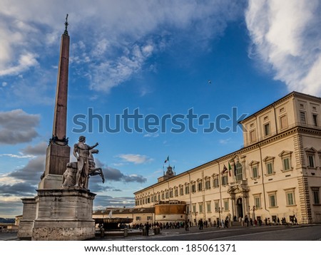 View of Quirinal\'s square (piazza del Quirinale) with its ancient roman sculptures. The palace is the official residence of the President of the Italian Republic upon the Quirinal Hill