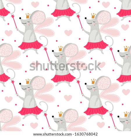 Seamless pattern Fairy mouse with magic wand. Cool animal illustration for nursery t-shirt, kids apparel, birthday card, invitation.
