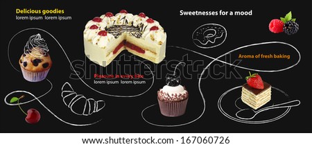 Collage banner with confectionery and graphics on a black slate background. Similar images in my portfolio