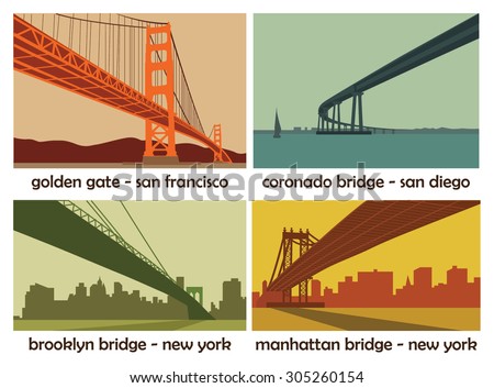 set of four american cities with bridges; vintage vector landscapes
