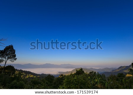 The sea of fog with forests as foreground. This place is in the Kaeng Krachan national park, Thailand.