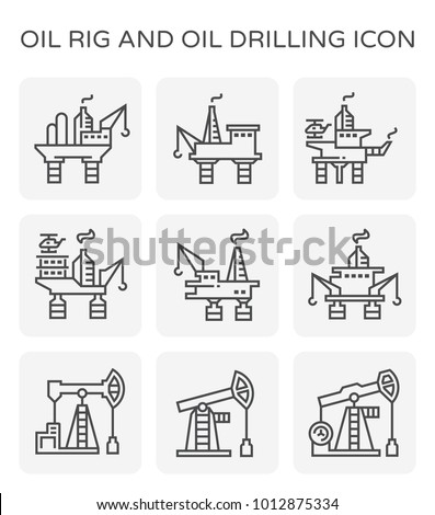 Oil rig icon or offshore drilling rig icon also called oil platform, offshore platform. Crane and hook included for well drilling to explore, extract, store, and process petroleum and natural gas. 