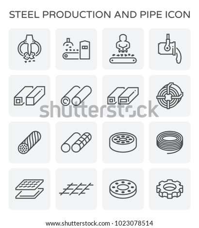 Steel production industry, manufacturing vector icon consist of worker, machine equipment and production line. Include process to casting product of steel, aluminum, iron or stainless i.e. pipe, roll.