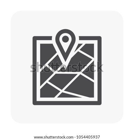 Gps pin on paper map. Vector design of icon, sign or symbol. Include road, street and city. May called pointer, guide for position of place. Concept for geography, cartography, travel, trip, journey.
