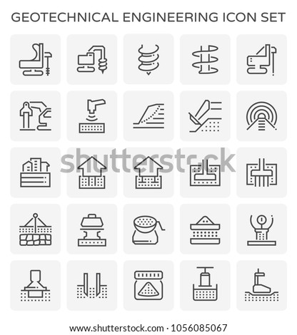 Geotechnical engineering, geotechnics and geology vector icon with machine equipment i.e. earth auger drill core bit, rig. Include survey, soil sample, laboratory test analysis for road, foundation.