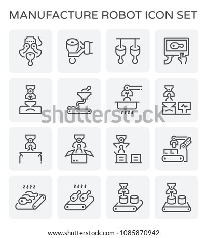 Food processing icon such as production line, meat, can, box packaging and robot vector icon set design, 64x64 pixel perfect and line editable stroke icon.
