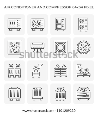 Air conditioner icon. Including with air compressor, condenser unit, ventilation, duct and chiller. That is a part of HVAC systems to removing heat and moisture from interior.  Vector icon set design.