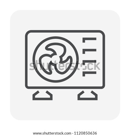 Condenser unit or compressor vector icon. Part of air conditioner (AC) or air conditioning HVAC system. Temperature control technology to heat ventilation by fan for cooling home or building. 64x64 px