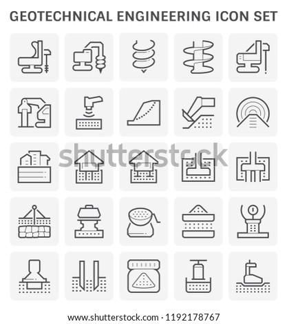 Geotechnical engineering, geotechnics and geology vector icon with machine equipment i.e. earth auger drill core bit, rig. Include survey, soil sample, laboratory test analysis for road, foundation.