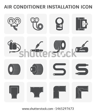 Air conditioner installation tool, part and material icon such as manifold, meter, breaker, copper tube, gas, welding or sweating, tube insulation, pvc line decorative live cover kit. Vector icon set.