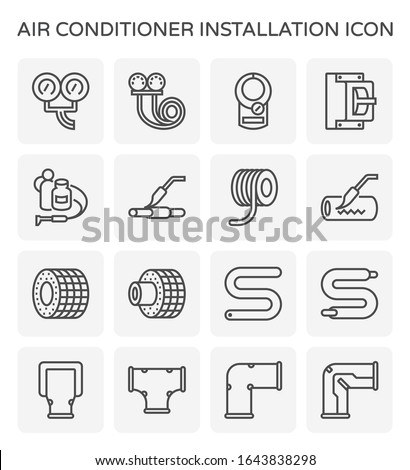Air conditioner installation tool, part and material icon such as manifold, meter, breaker, copper tube, gas, welding or sweating, tube insulation, pvc line decorative live cover kit. Vector icon set.