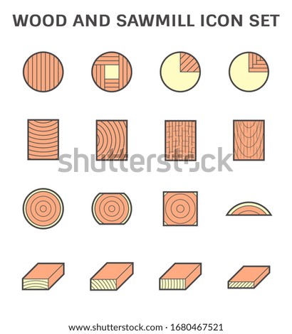 Wood product vector icon i.e. plank, board, lumber and girder. Include log, timber and square sawing, cutting process in mill, sawmill industy. Material from nature for woodworking, house construction