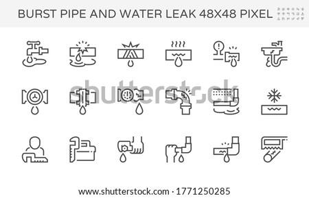 Burst pipe and water leak or plumbing problem and repair icon such as burst, leaking, noise and frozen at water supply pipe, faucet, valve control, fitting, connector, meter and underground location.