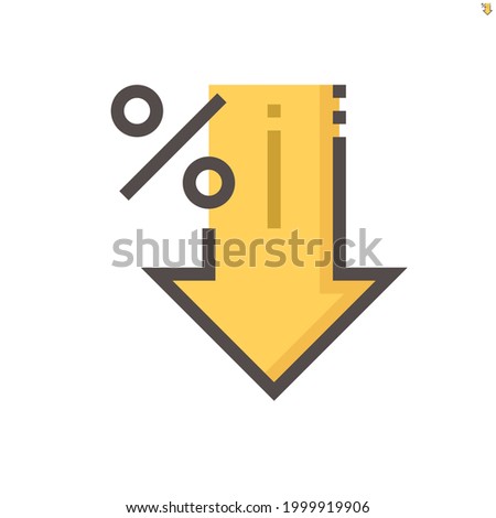 Percent decrease vector design. Consist of down arrow and percent sign, icon or symbol. Concept for percentage of interest rate, loss profit,  stock price or discount. Editable line stroke  48x48 px.
