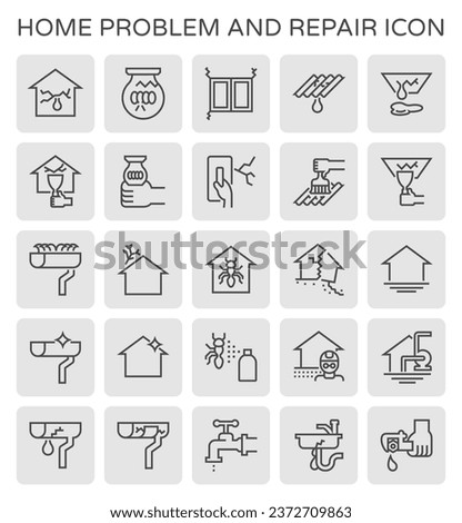 House problem and repair maintenance vector icon consist of building, rain gutter, roof, wall, ceiling to old, crack, damage, broken from disaster. Result in water leak, clogged. Editable stroke.
