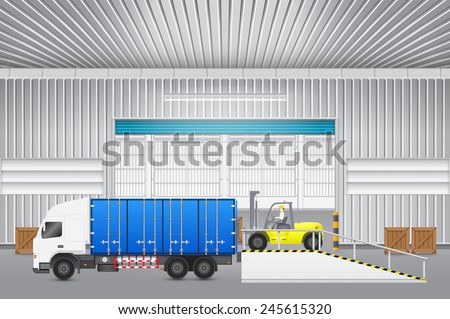 Vector of freight transport and distribution industry consist of operator, driver or worker to loading crate box to storage cargo container on truck by forklift for logistic, shipping and delivery.