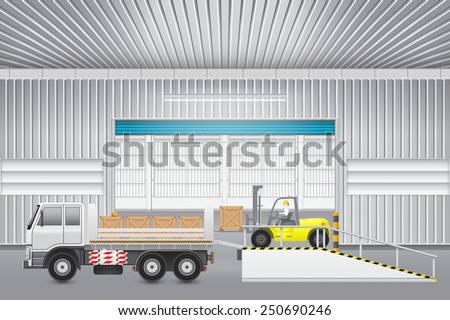 Vector illustration of freight transport and distribution industry consist of operator, driver or worker to loading crate box to storage on truck by forklift for logistic, shipping and delivery.