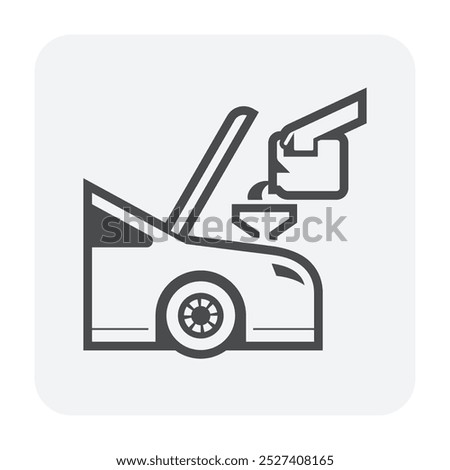 Automobile maintenance, service or check vector icon. To change, refill liquid in engine i.e. lubricant , coolant or flushing oil. Mechanic  pouring products from gallon for clean and lubrication.