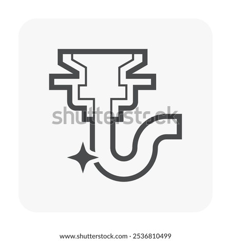 Floor drain and trap pipe in cross section view vector icon. New clean of inside. Construction equipment for sewage, water drainage, waste remove from kitchen, bathroom, toilet and shower room.