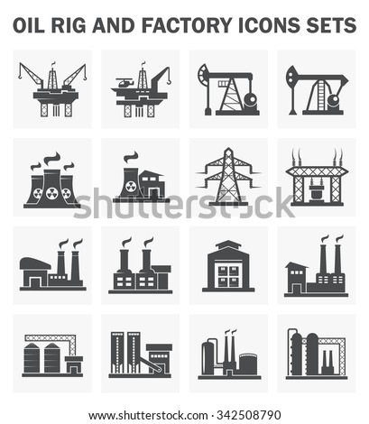 Factory building vector icon consist of oil rig, power plant, oil refinery plant, transmission tower, warehouse for industrial processing, storage, manufacturing and production of power energy, food.
