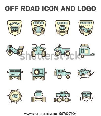 Off road vehicle logo element design consist of motorbike, ppv or suv, pickup truck, atv and trailer. Extreme sport racing and touring for dirt trail road. Also transportation, travel and camping.