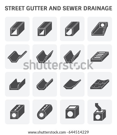 Street gutter and sewer drainage vector icon. Include grate cover, precast concrete of pipe, trench, ditch, channel, manhole for install to access cleaning, drain water from road city, irrigation.