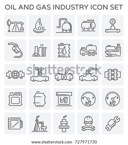 Oil and gas industry building and equipment icon such as pump, drop, tank, pressure gauge, nozzle, test tube, barrel tank, truck, tanker, pipe, valve, gas station, level gauge, wrench and worker.