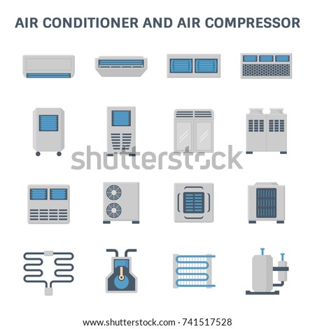 Air conditioner and air compressor or air condenser unit
both is a part of cooling function and air conditioning HVAC systems, 
That is process of removing heat and moisture from interior, Vector icon