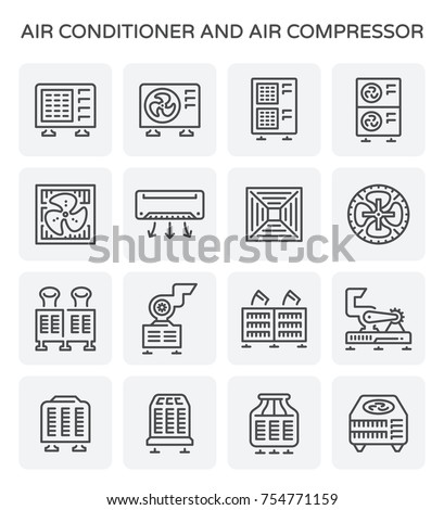 Air conditioner icon. Including with air compressor, condenser unit, ventilation, duct and chiller. That is a part of HVAC systems to removing heat and moisture from interior.  Vector icon set design.
