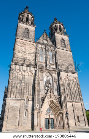 Magnificent Cathedral of Magdeburg at river Elbe, Germany, Spring 2014