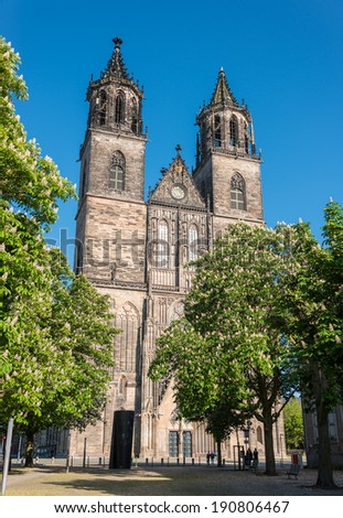 Magnificent Cathedral of Magdeburg at river Elbe, Germany, Spring 2014
