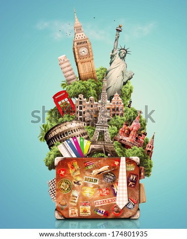 Tourist collage, travel, attractions of the world and an old suitcase against the blue sky