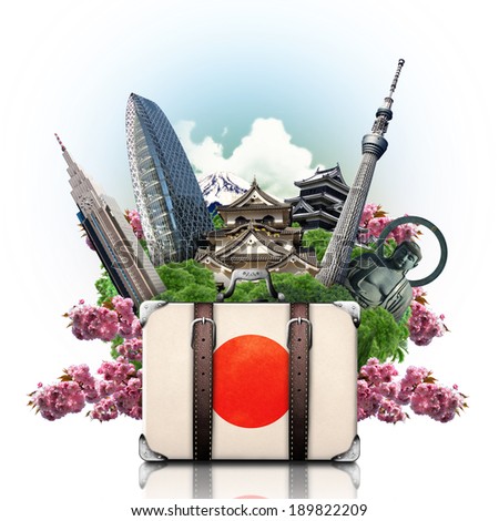 Japan, japan landmarks, travel and retro suitcase