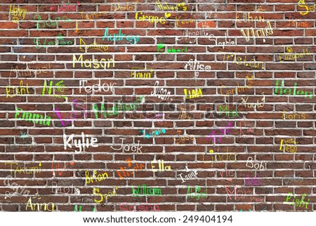 ?hildren\'s names written on a brick wall