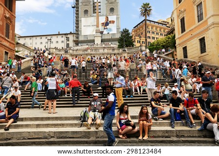 ROME, ITALY - MAY 20th 2015.The crowd of tourists resting on the steps of the Spanish steps, Rome, Italy