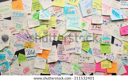 Post-it notes sticked chaotically on the wall - busy concept